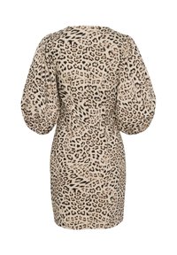 Leren jurk in beige met luipaardprint, met opbollende mouwen, korte lengte, zachte textuur en een naaddetail aan de achterkant.
