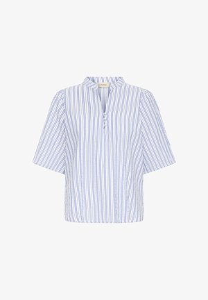 Kvinders løstsiddende bluse med blå og hvide lodrette striber, trekvart brede ærmer og en delt V-hals med to små stoff knapper.