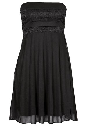 Schulterfreies schwarzes Kleid mit Spitzenoberteil und Taillenband, fließendem Chiffonrock, knielang, elegante Abendgarderobe.
