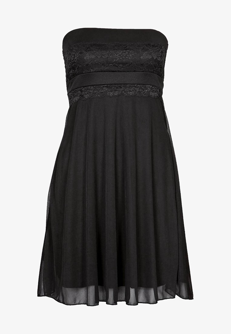 Robe noire bustier avec corsage en dentelle et ceinture, jupe fluide en chiffon, longueur genou, tenue de soirée élégante.