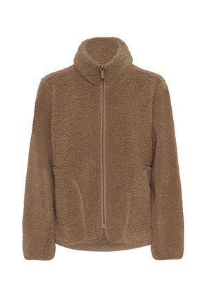 Bruine fleecejas met een rits aan de voorkant, hoge kraag en zijzakken. De stof heeft een zachte en pluizige textuur, die warmte en comfort biedt.