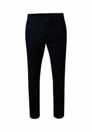 Zwarte slim-fit herenhose met riemlussen, knoopsluiting aan de voorkant en voorzakken, weergegeven op een witte achtergrond.