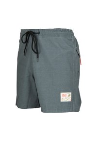 Shorts de bain gris en tissu léger. Dotés d'une taille élastique avec cordon de serrage, d'une poche latérale et d'un patch décoratif.