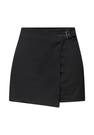 Falda cruzada negra hecha de tela suave, con detalle de hebilla lateral y bordes limpios. Diseño sencillo sin patrones.