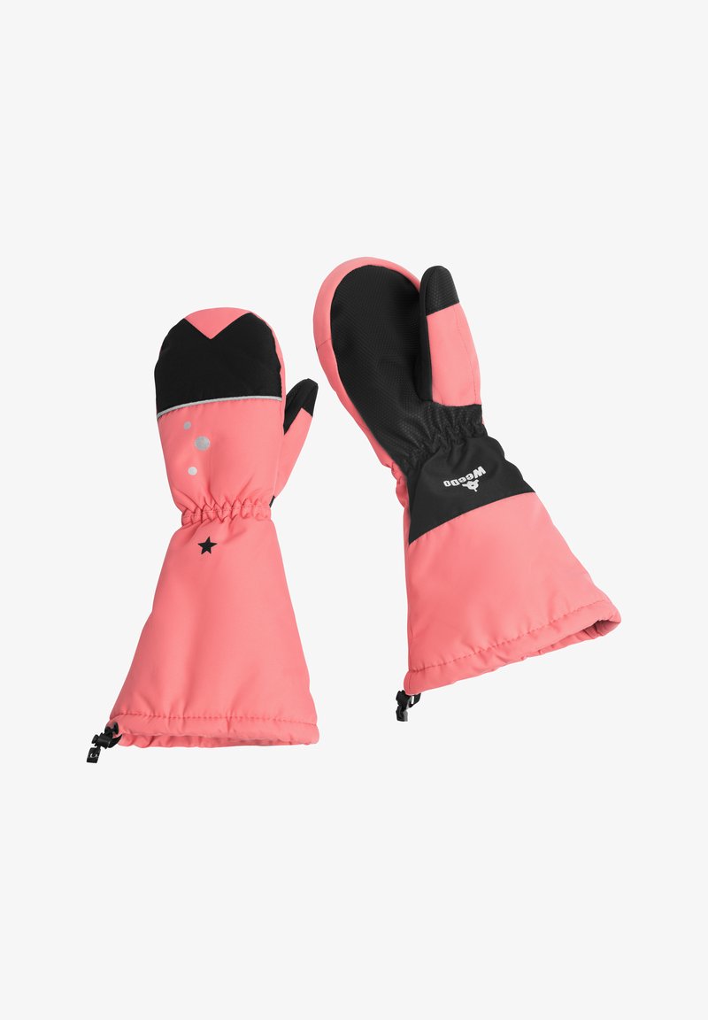 Lyserøde og sorte vanter med en vandtæt overflade, elastiske manchetter, stjerne- og prikmønstre samt forstærkede sorte grebsområder på håndfladerne.