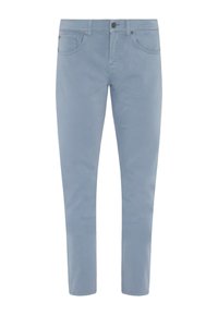 Lichtblauwe katoen jeans met een slim fit, vijf-pocket ontwerp, knoop- en ritssluiting, en subtiele stikseldetails.