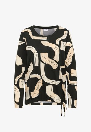 Czarna bluzka z długim rękawem z abstrakcyjnym wzorem beżowych pociągnięć pędzla, okrągłym dekoltem oraz regulowanym sznurkiem u dołu.