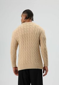 Beige kabelgebreide trui met lange mouwen, gestructureerd patroon en afgeronde hals, gemaakt van zacht, pluizig materiaal. Zwarte broek eronder gedragen.