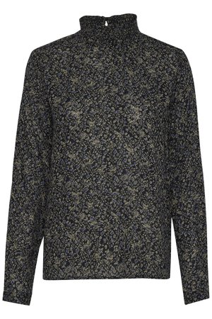 Maglietta nera a maniche lunghe con colletto alto, caratterizzata da un motivo floreale in blu e beige. Realizzata in tessuto leggero con una vestibilità morbida.