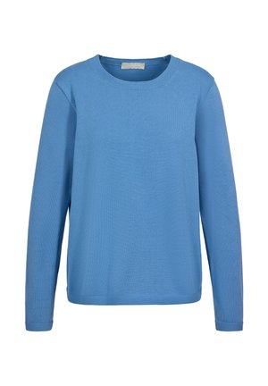 Maglione a maniche lunghe color azzurro chiaro, girocollo, con orlo dritto e senza motivi o decorazioni visibili.