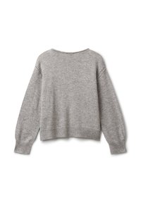 Jasnoszary sweter o pudełkowym kroju, z ribbowanym wykończeniem i długimi rękawami. Posiada otwarte dzianinowe detale na ściegach ramion. Miękka tekstura.