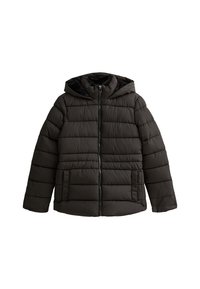 Veste rembourrée noire avec capuche, dotée d'une fermeture éclair à l'avant, de deux poches latérales et d'un design matelassé pour l'isolation et la chaleur.