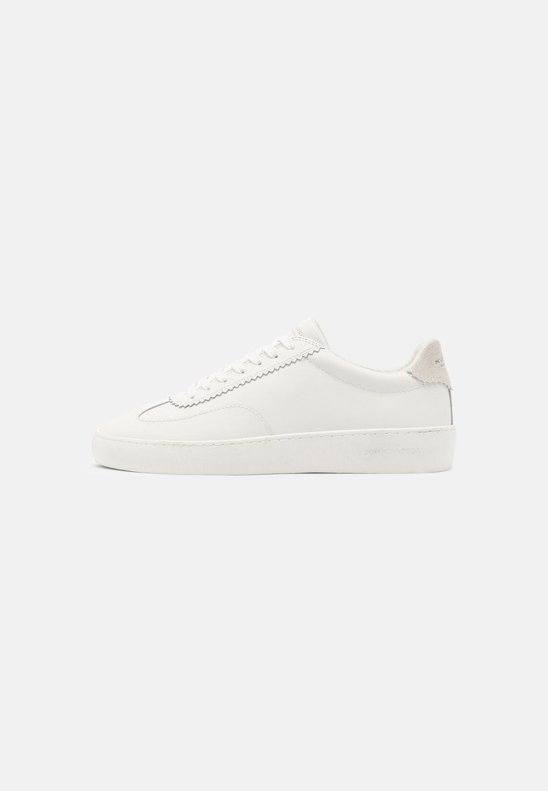 White leather sneakers with a smooth finish, round toe, and subtle stitching details. Features a low-profile sole and a textured heel tab.