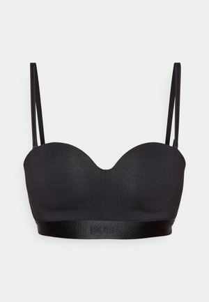 Black bra with a smooth texture, featuring a sweetheart neckline, thin adjustable straps, and a logoed elastic band.