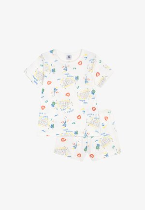 Completo con camicia bianca a maniche corte e pantaloncini con stampa colorata a tema Parigi, inclusa l’Opéra de Paris, cuori, alberi e la Torre Eiffel.