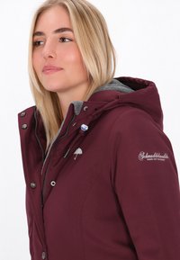 Borgoense hoodiejack met grijze voering, voorzien van een ritssluiting aan de voorkant, knopen en geborduurd logo. Soepele textuur en verstelbare trekkoordcapuchon.