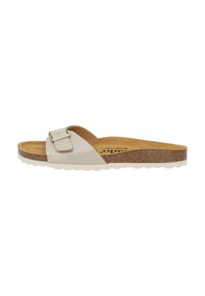 Slide sandal with a glittery silver upper, cork footbed, and white rubber sole. Features a wide strap with a rectangular buckle detail.