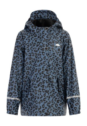 Leopardmønstret vandtæt jakke i blå og sort med hætte, trykknaplukninger og sidelommer med reflekterende detalje.