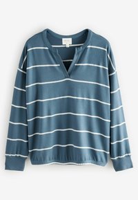 Blauwe pullover sweatshirt met witte horizontale strepen, V-hals ontwerp, zachte stof, lange mouwen en geribbelde manchetten en zoom.