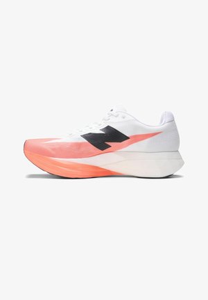 Running shoe featuring a white upper with black and pink accents, a streamlined shape, and a textured, lightweight sole for responsiveness.