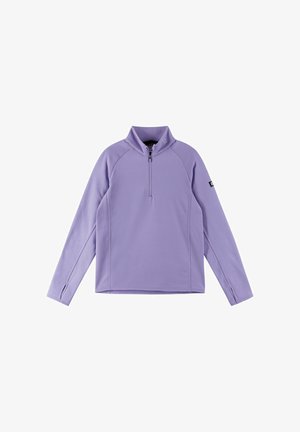 Purple quarter-zip pullover made from soft fabric. Features long sleeves, raglan design, and minimal branding on the sleeve.
