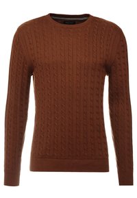 Pull marron à torsades avec un col rond, des manches longues et des poignets et un ourlet côtelés. Fabriqué dans un matériau texturé et doux.