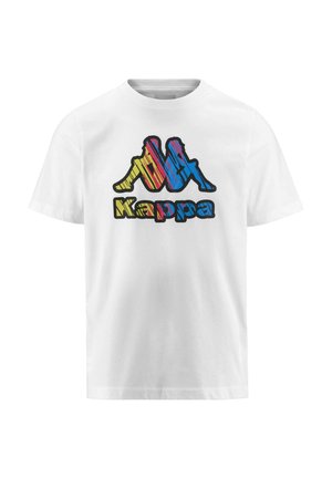 T-shirt bianco in cotone con un logo grafico multicolore che presenta figure stilizzate e il nome del marchio "Kappa" sottostante. Design classico con collo girocollo.