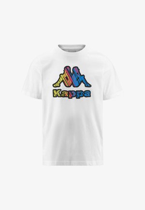 T-shirt bianco in cotone con un logo grafico multicolore che presenta figure stilizzate e il nome del marchio "Kappa" sottostante. Design classico con collo girocollo.