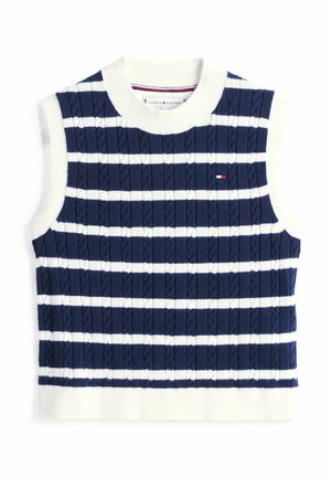 Pull en tricot sans manches à rayures bleu marine et blanches, avec un motif de torsades, un col rond côtelé et un détail de logo sur la poitrine gauche.