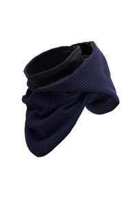 Navy blue textured neck warmer with a smooth black inner lining, featuring a draped design for warmth and comfort.