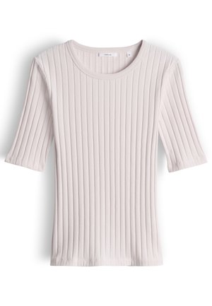 Lichtbeige geribd gebreid shirt met korte mouwen en ronde hals, maat 36, platliggend op een witte achtergrond.