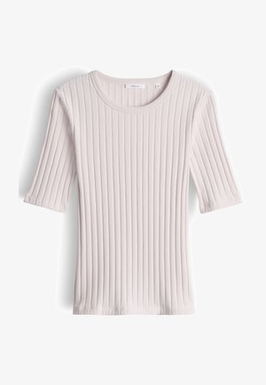 Lichtbeige geribd gebreid shirt met korte mouwen en ronde hals, maat 36, platliggend op een witte achtergrond.