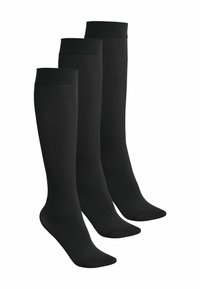 Tre par sorte knæhøje strømper lavet af glat stof med et enkelt design, der har en forstærket tå og et behageligt bånd foroven.
