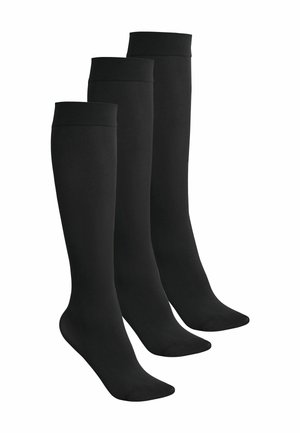 Drei Paar schwarze knielange Socken aus glattem Stoff mit einem schlichten Design, ausgestattet mit verstärkten Zehen und einem bequemen Bündchen oben.