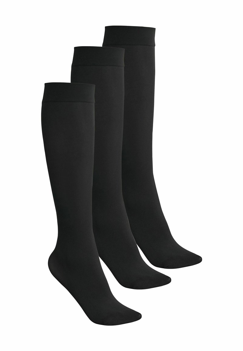 Tre par sorte knæhøje strømper lavet af glat stof med et enkelt design, der har en forstærket tå og et behageligt bånd foroven.