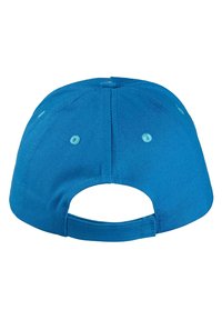 Gorra azul con forma redondeada, textura de tela y correa trasera ajustable. Presenta ojales de ventilación en un color azul a juego.