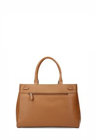 Brown leather tote bag with textured finish, dual top handles, and a front zip pocket. Features a structured shape and minimalist design.