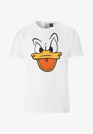 Maglietta bianca in cotone con una grafica di un volto di anatra animata, con becco giallo e un'espressione esagerata, contorni neri e dettagli arancioni.