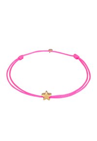 Rosa snörearmband med en guldstjärna i mitten; har justerbara ändar och en slät yta.