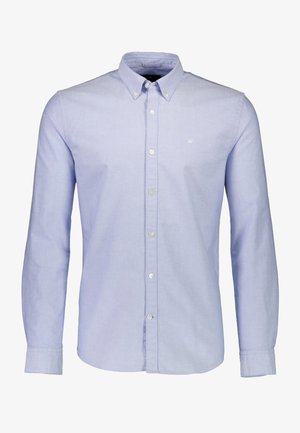 Hellblaues Hemd mit langen Ärmeln, aus strukturiertem Baumwollstoff. Verfügt über einen klassischen Kragen und ein kleines gesticktes Logo auf der Brust.