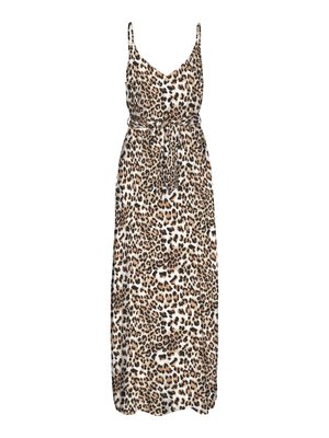 Bez rukávov, šaty dĺžky po členky s leopardím vzorom a opaskom uviazaným v páse, s tenkými ramienkami a výstrihom do V.