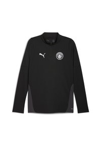 Sort langærmet trøje med halv lynlås i kraven, med et hvidt Puma-logo og Manchester City-emblem på brystet. Glat tekstur.