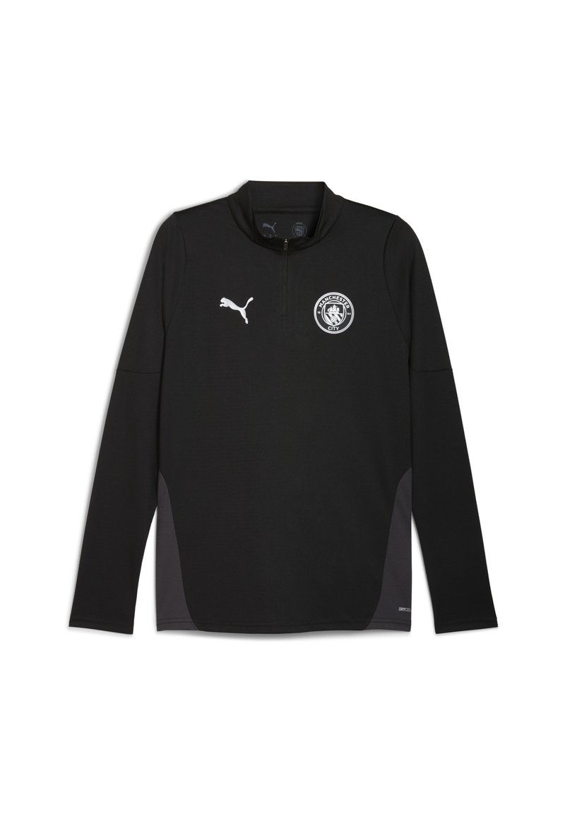 Sort langærmet trøje med halv lynlås i kraven, med et hvidt Puma-logo og Manchester City-emblem på brystet. Glat tekstur.