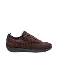Zapatillas color marrón oscuro con parte superior de punto texturizado, acentos de ante y suela de goma negra. Cuenta con un diseño de cordones y un collar acolchado para mayor comodidad.