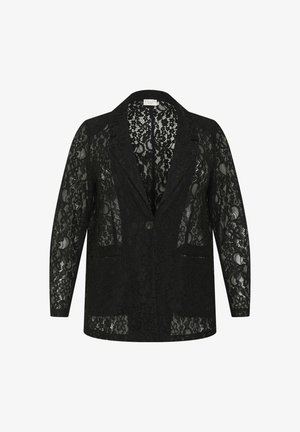 Blazer negro de encaje con cuello de muesca, dos bolsillos frontales, cierre de un solo botón y patrón floral transparente en toda la prenda.