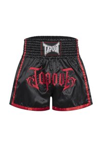 Sorte satin bokse-shorts med røde detaljer, elastisk talje, og stort rødt "Tapout" logo på ryggen. Glat tekstur, midt-til-lår længde.