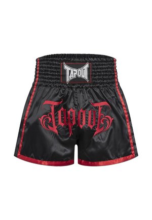 Melni satīna boksa šorti ar sarkaniem akcentiem, elastīga josta un liels sarkans "Tapout" logo aizmugurē. Gluda tekstūra, vidēja garuma līdz augšstilba vidum.