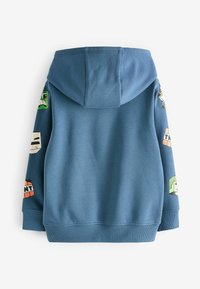 Blaues Kapuzensweatshirt aus weichem Material, mit bunten Druckgrafiken an beiden Ärmeln. Enthält einen gerippten Saum und Bündchen.