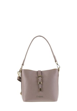 Borsa in pelle di un morbido mauve con una finitura testurizzata, caratterizzata da un accento in metallo dorato, chiusura con zip superiore e tracolla regolabile.