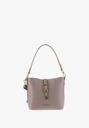 Borsa in pelle di un morbido mauve con una finitura testurizzata, caratterizzata da un accento in metallo dorato, chiusura con zip superiore e tracolla regolabile.